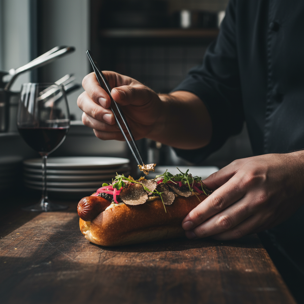 Chef preparing luxury hotdog